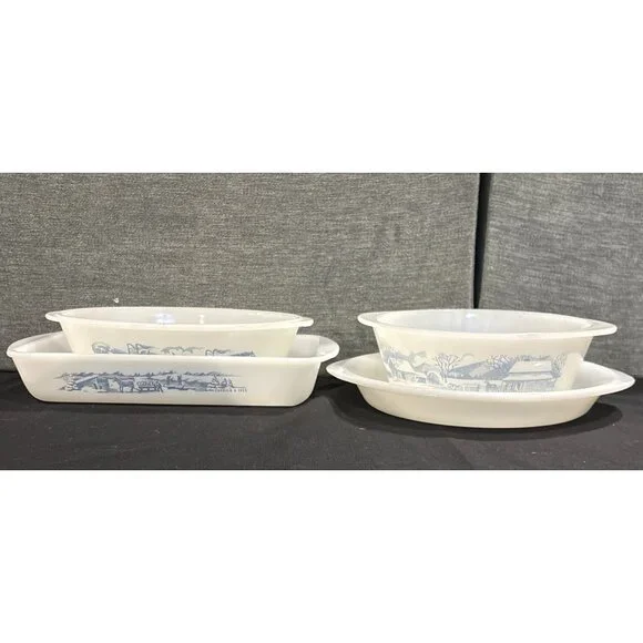 Vintage Glasbake Milk Glass Rectangular Baking Dishes With Blue Farm Scene - Picture 2 of 16